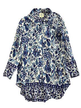 BELL  Womens Sz Small Blue & White Floral Button-Down Tunic Shirt